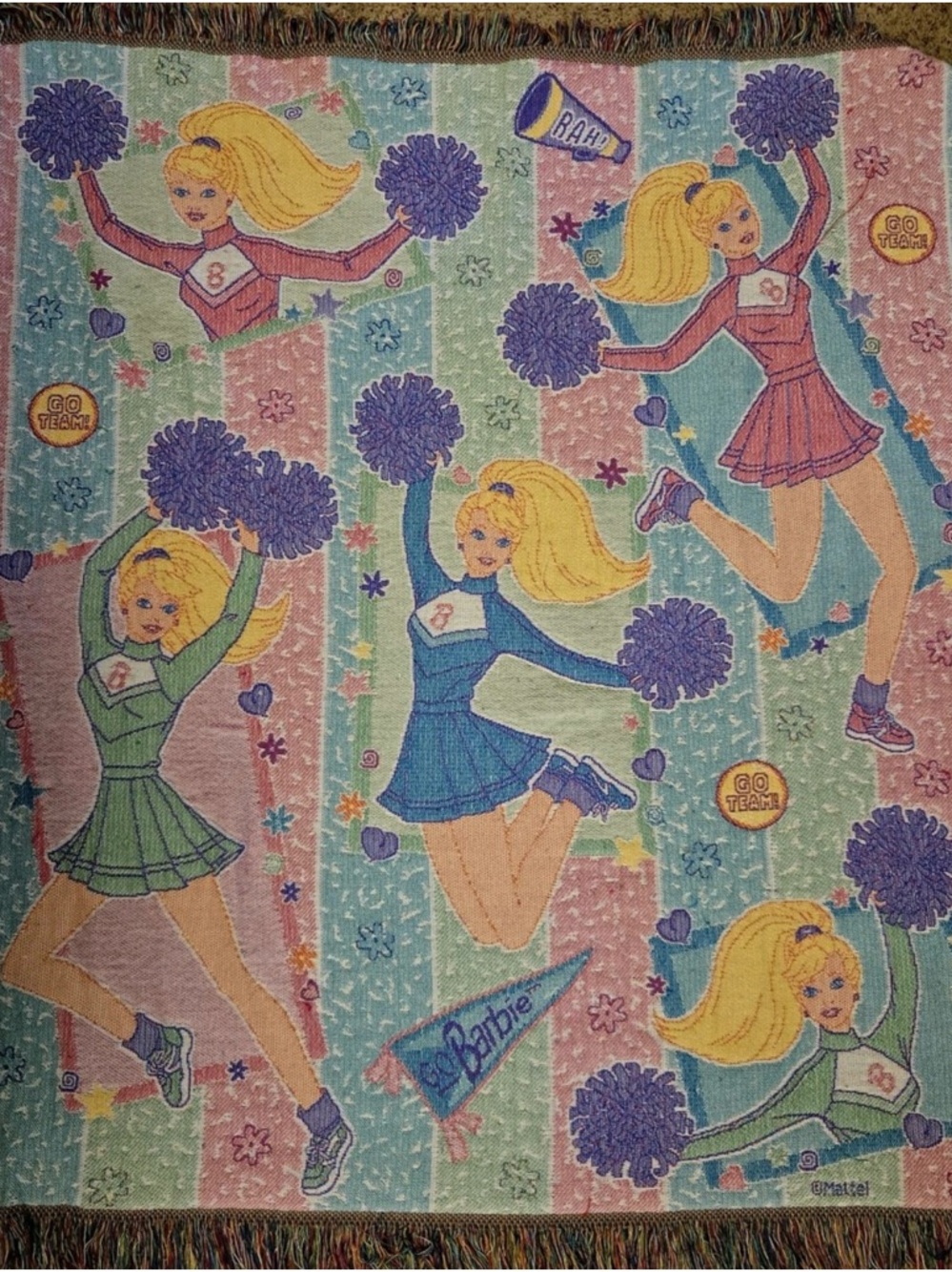 Vintage Mattel Barbie Cheerleader Large 47x55 Throw Woven Blanket Tassels